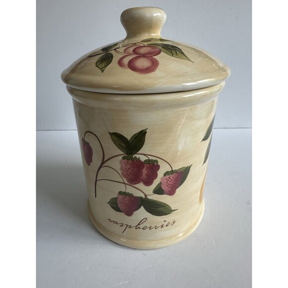 Pier 1 Provence‎ Large 10 in Cookie Jar Canister w/ Lid Fruit Pattern Farmlife - Picture 2 of 11
